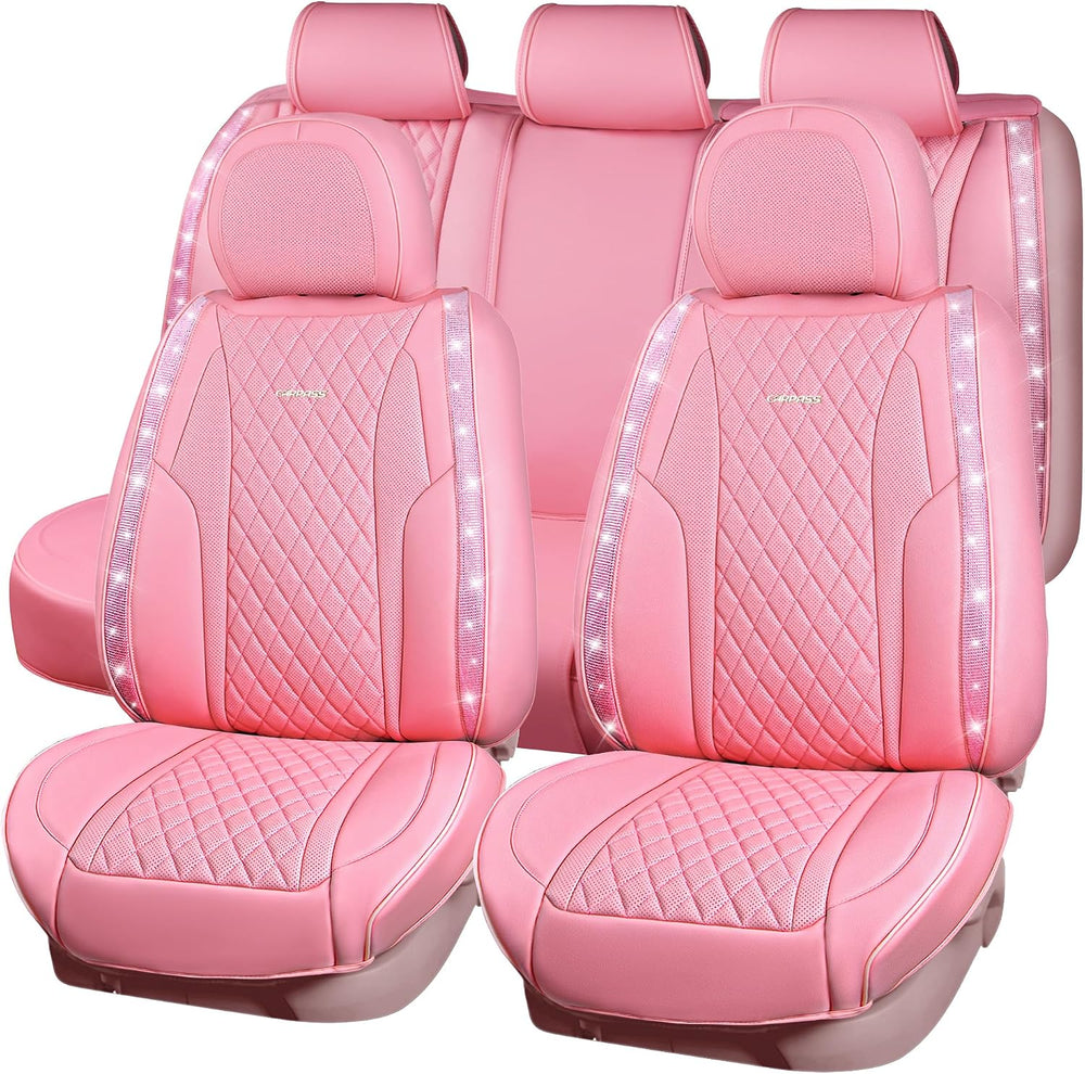 CAR PASS Pink Nappa Leather Car Seat Covers for Full Seats, Bling Diamond Wat...
