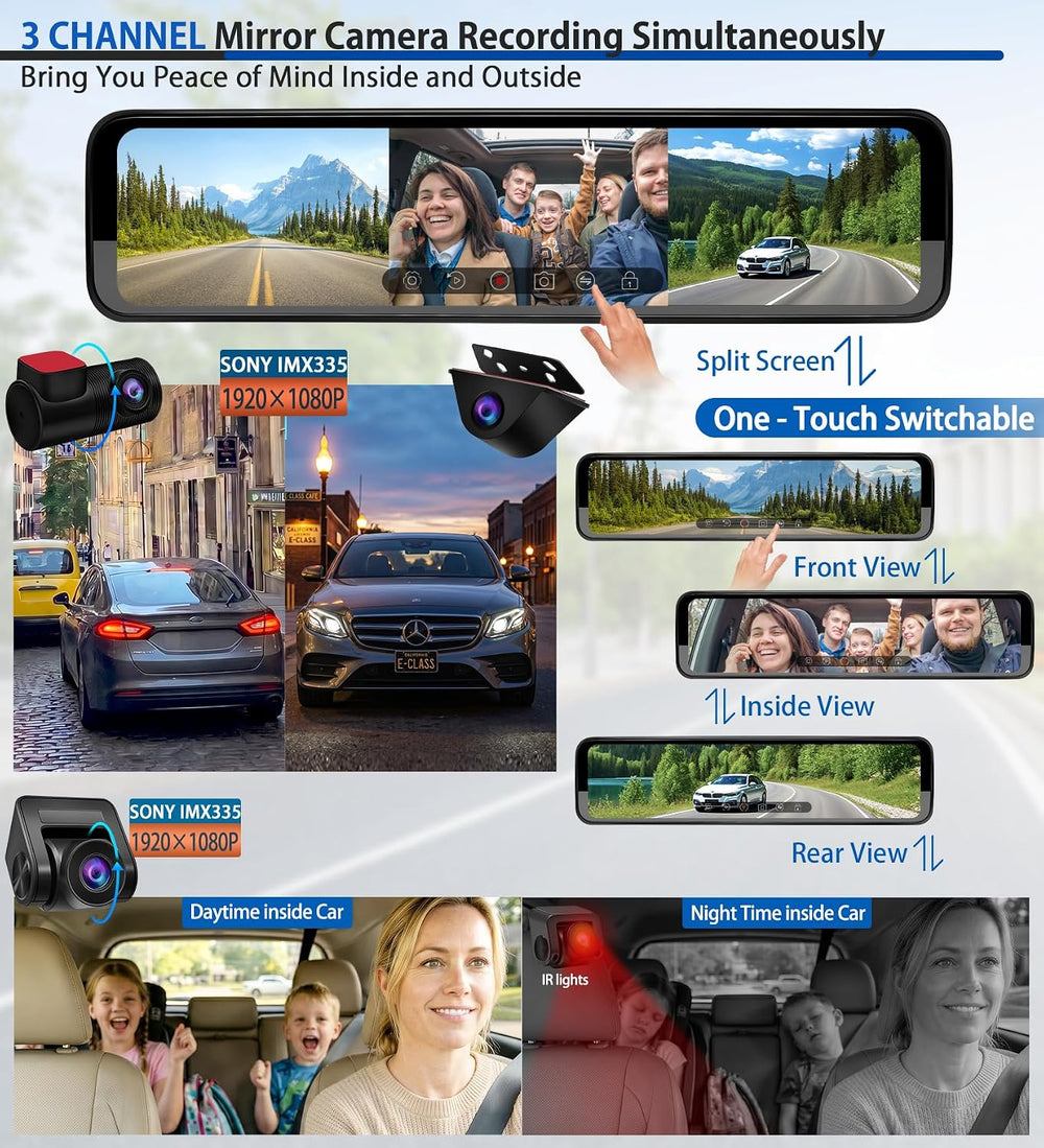 12" Rear View Mirror Dash Cam 3 Channel - Car Rearview Camera Dashcam