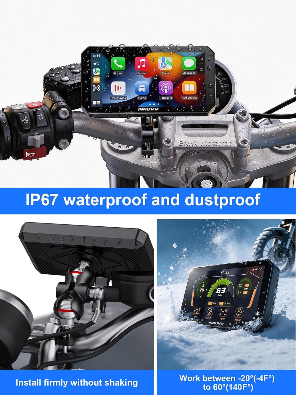 INNOVV N2 Motorcycle CarPlay & Android Auto, 6" Gloved Touch Screen ...