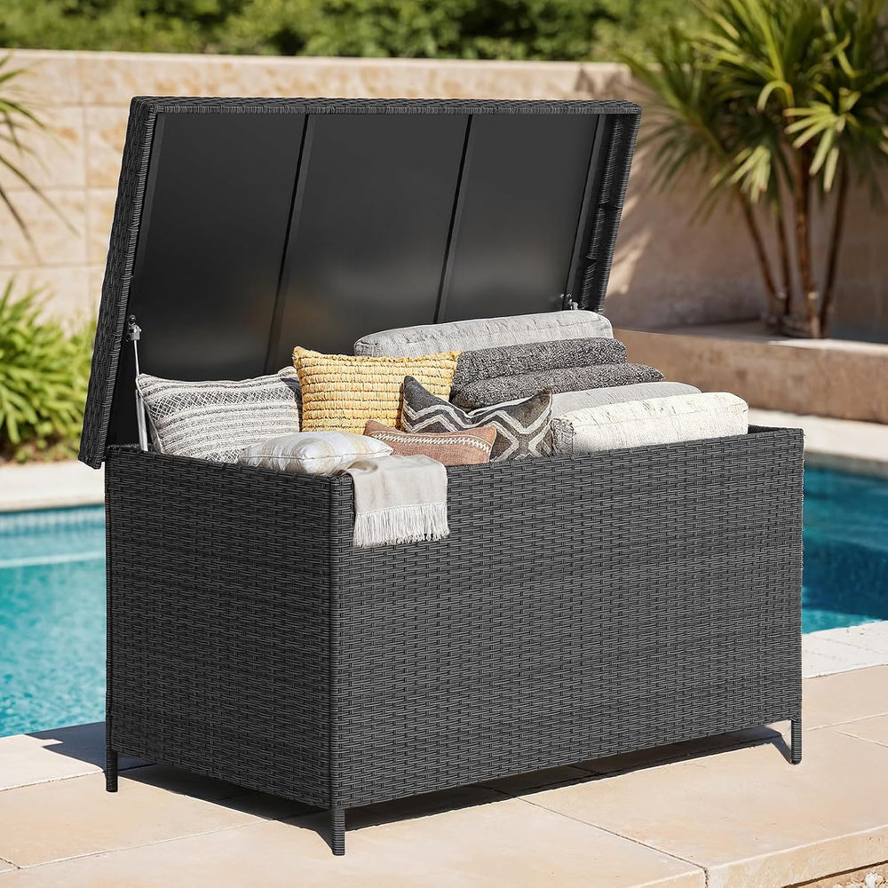 ONBRILL 158 Gallon XL Wicker Deck Box, Outdoor Patio Storage Box, Black
