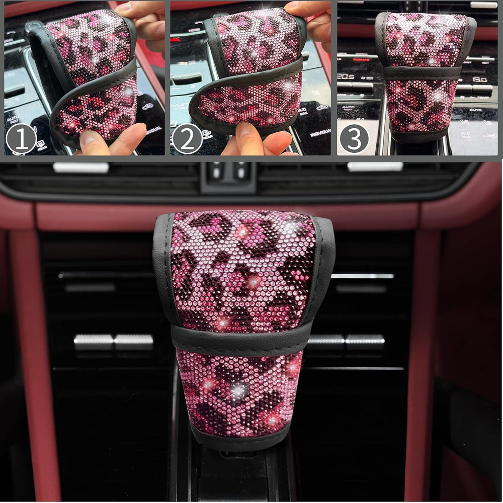 11 pcs Bling Pink Leopard Car Accessories Set for Women, Cheetah Print Steeri...