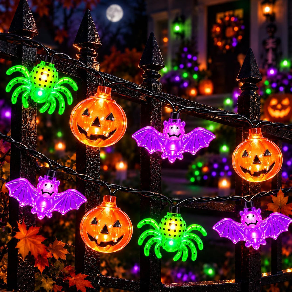 Couah Halloween Pumpkin Bat Spider LED String Lights, 12Ft Jack O Lantern Lig...