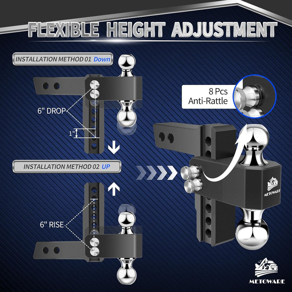 Adjustable Trailer Hitch Fits 2" Receiver, 6" Drop/Rise 14K GTW