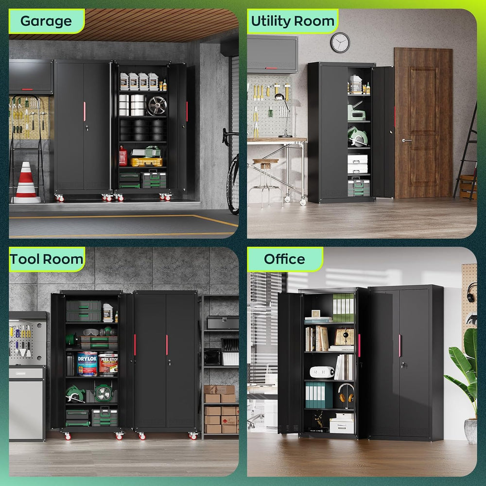 71"Tall Metal Garage Storage Cabinet with Wheels and Locking Doors