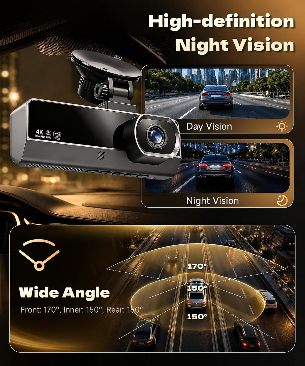 4K Dash Cam Front Rear and Inside, 3 Channel with 5.8GHz WiFi, 64GB Card