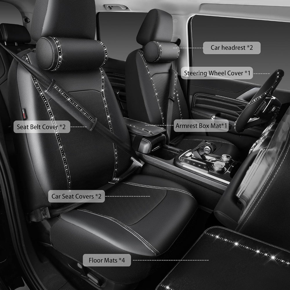 CAR PASS 14 PCS Bling Diamond Car Accessories Set for Women, Leather Seat Cov...