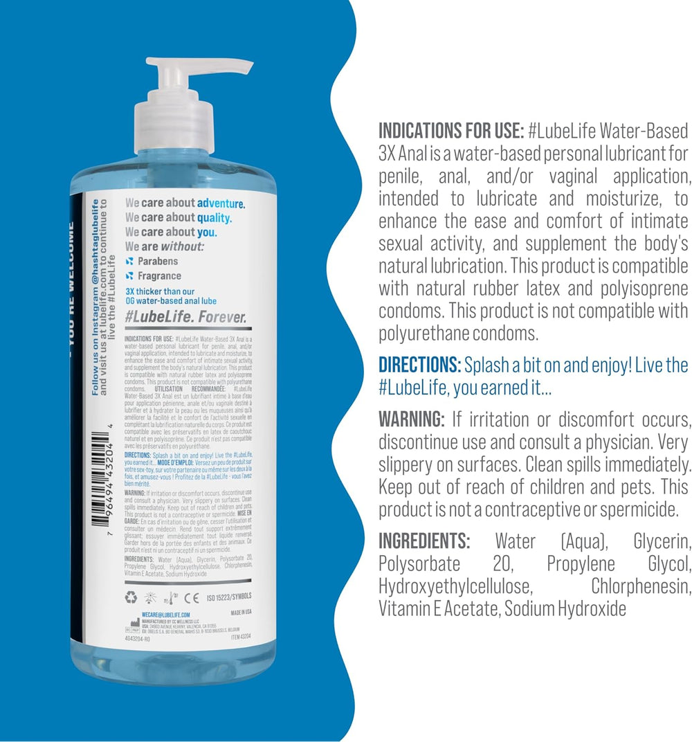 LUBELIFE 3X Anal Lubricant, Thicker Water-Based lube for Men Women 32 Fl Oz