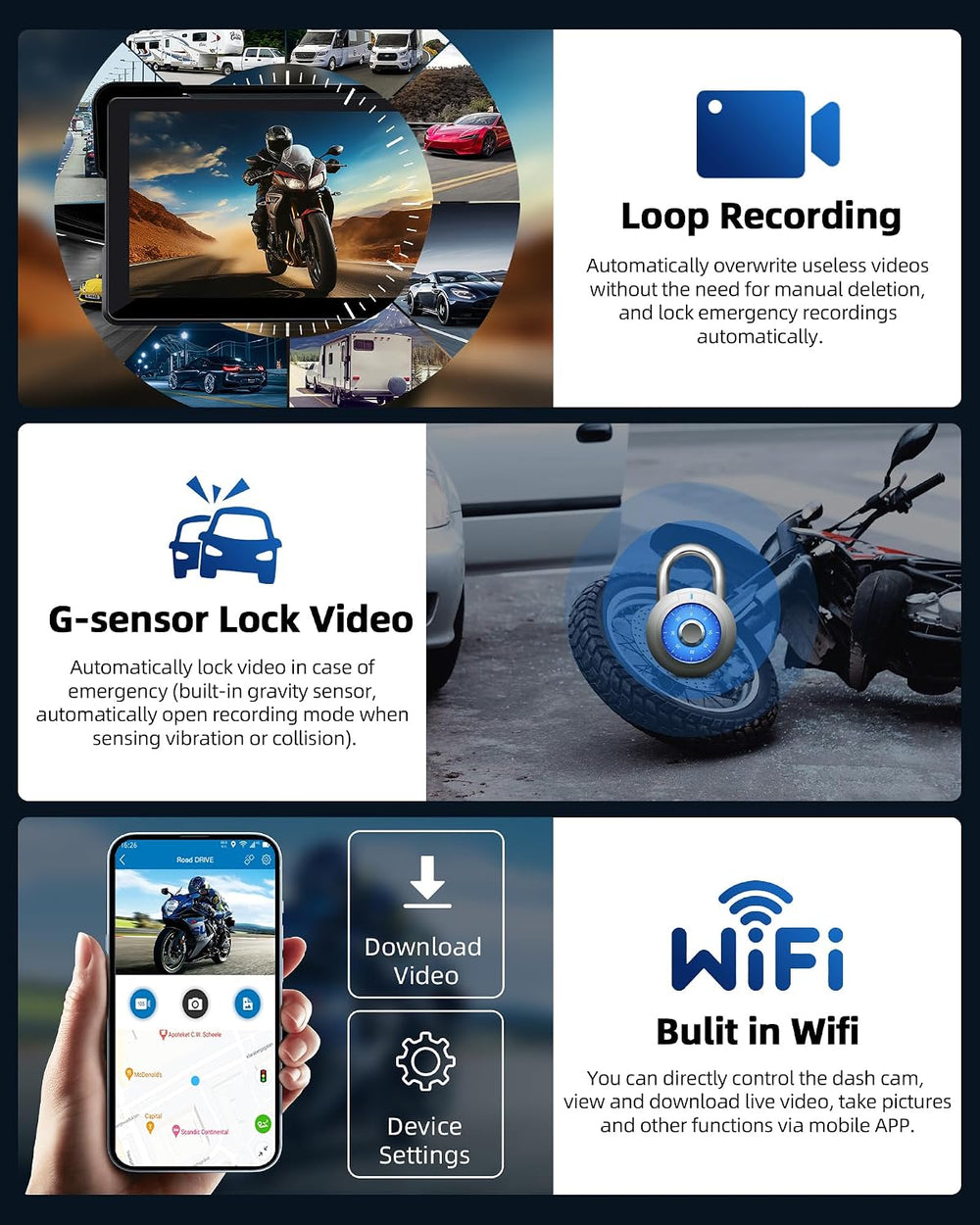 7" Motorcycle Carplay w Dual 4K Dash Camera Wireless Apple Carplay