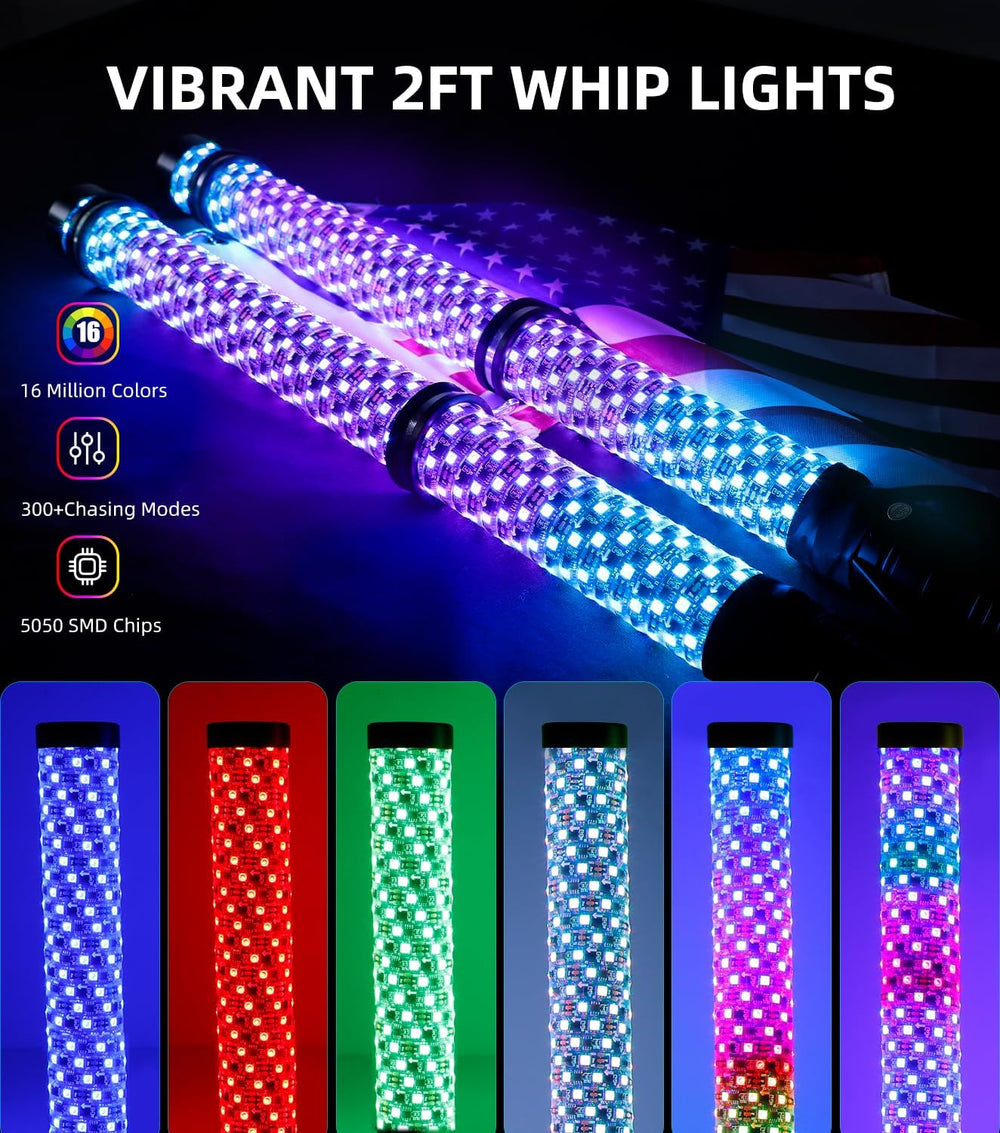 ZIMABLUE 2PC 2FT Fat Whip Lights for Side by Side, App & Remote Control R...