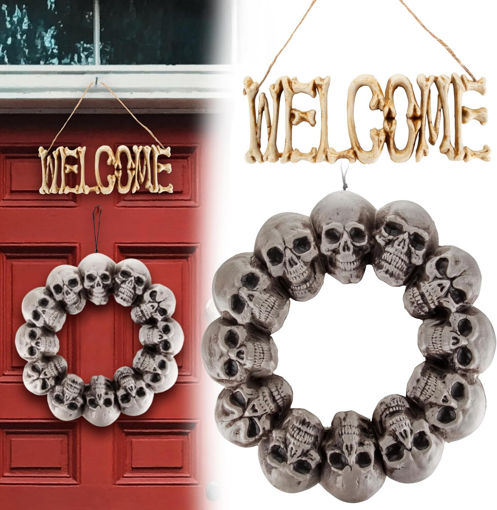 Halloween Welcome Sign & Skull Wreath 2 Pack Fall Skeleton Door Wall Decor