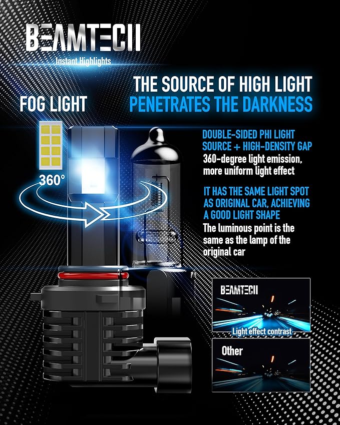 BEAMTECH 9005 9006 Fog Light Bulbs, Fanless in Line 6500K Light Bulb Pack of 4