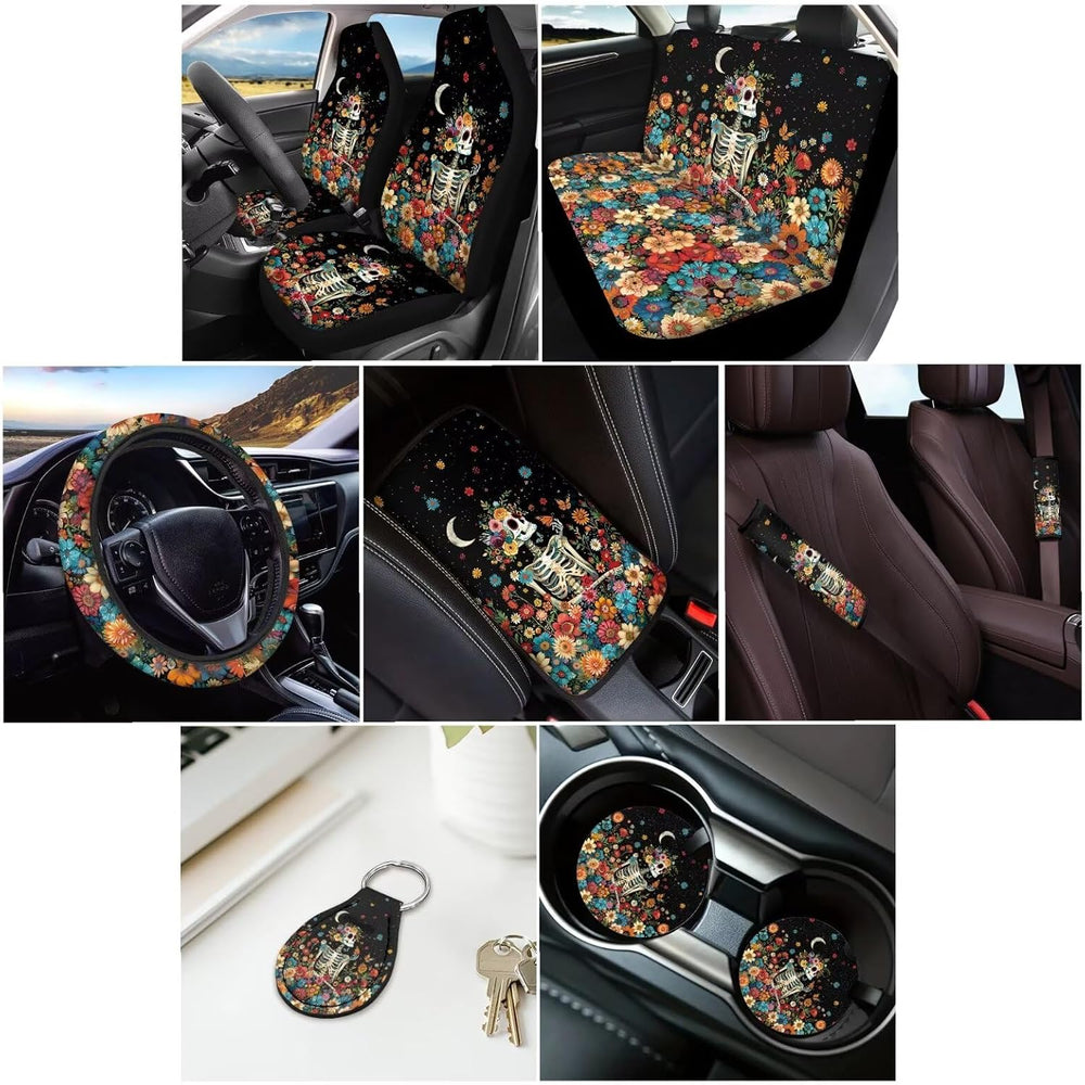 Skeleton Floral Print Full Set Automotive Seat Covers Moon Print Front & ...