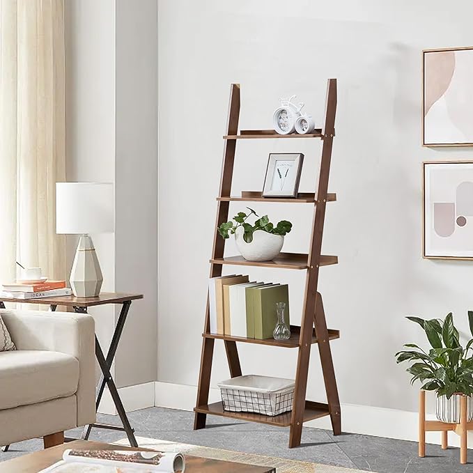 Maydear Bamboo Ladder Shelf Bookcase, 5-Tier Leaning Bookshelf Free Standing