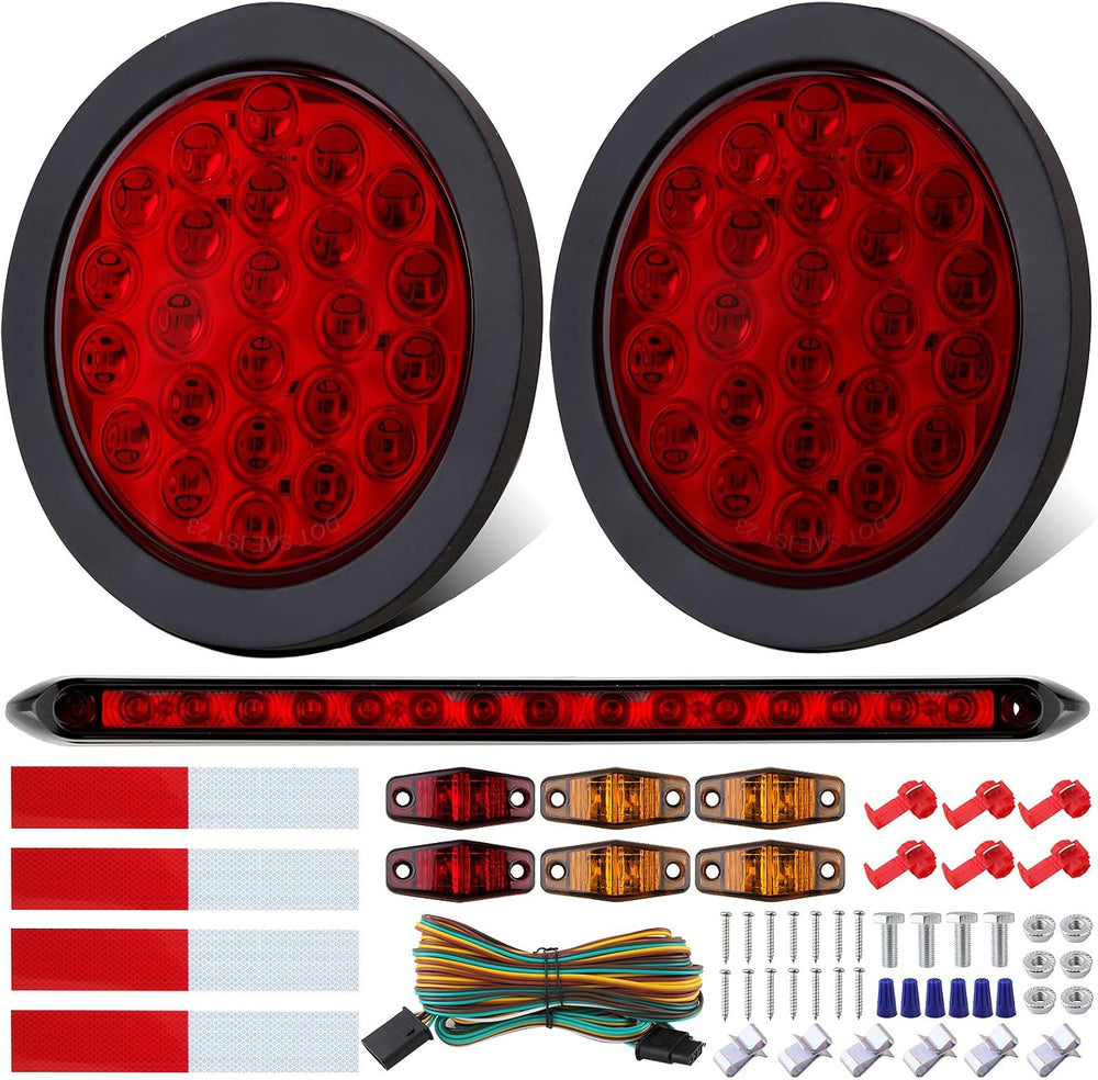 4" Inch Round Led Trailer Tail Lights Kit w/25ft Wiring Harness