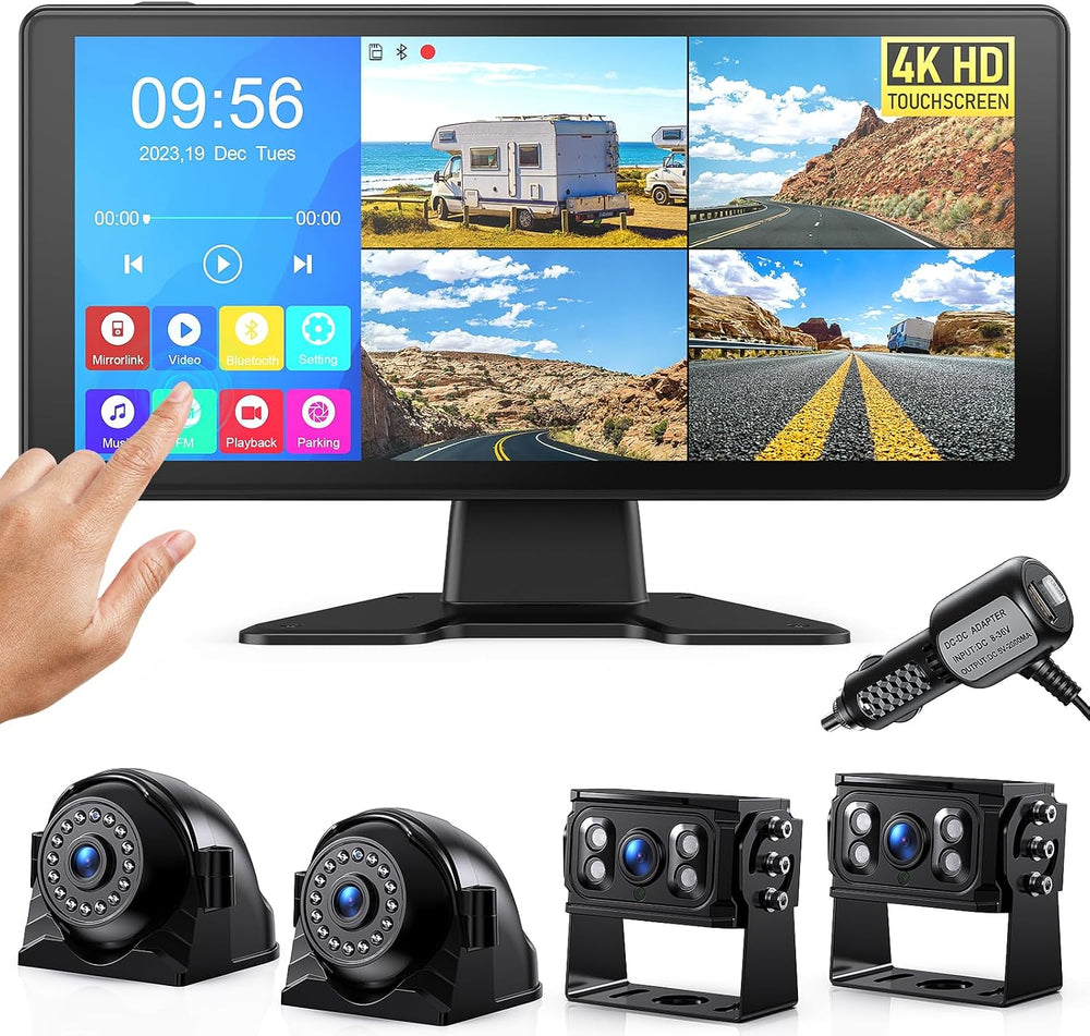 4K RV Backup Camera System, 10.36" Quad Split Touchscreen Monitor