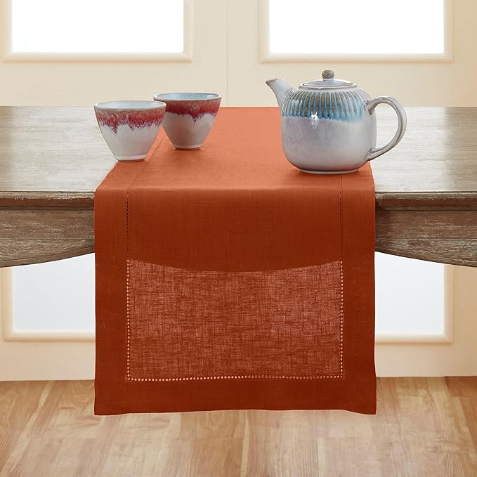 Solino Home Linen Cinnamon Hemstitch Table Runner 60 Inches - 100% Pure Linen...
