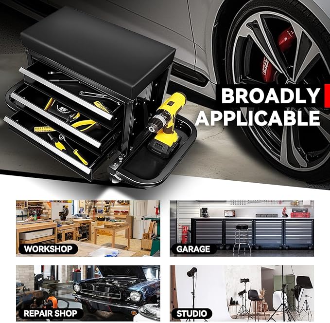 Auto Dynasty 3-Drawer Mechanic Rolling Seat, 350 LBS Capacity Roller Garage