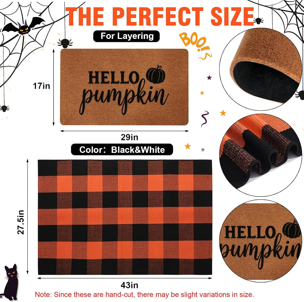 2 Pack Fall Halloween Door Mat Set, Pumpkin Coir & Plaid for Thanksgiving