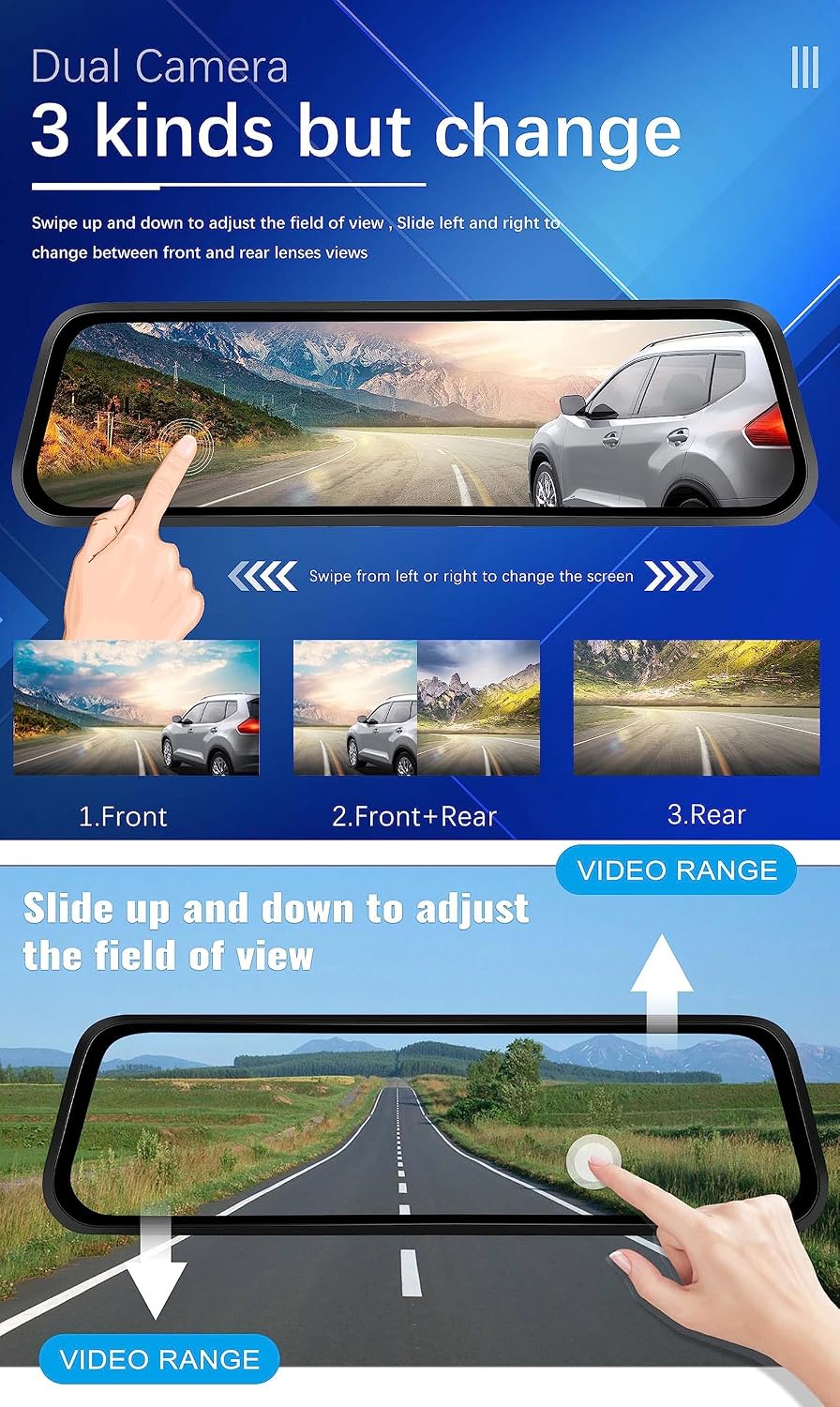 CAMECHO 4K Mirror Dash Cam Front and Rear, WiFi Rear View Mirror Camera, 9.66...