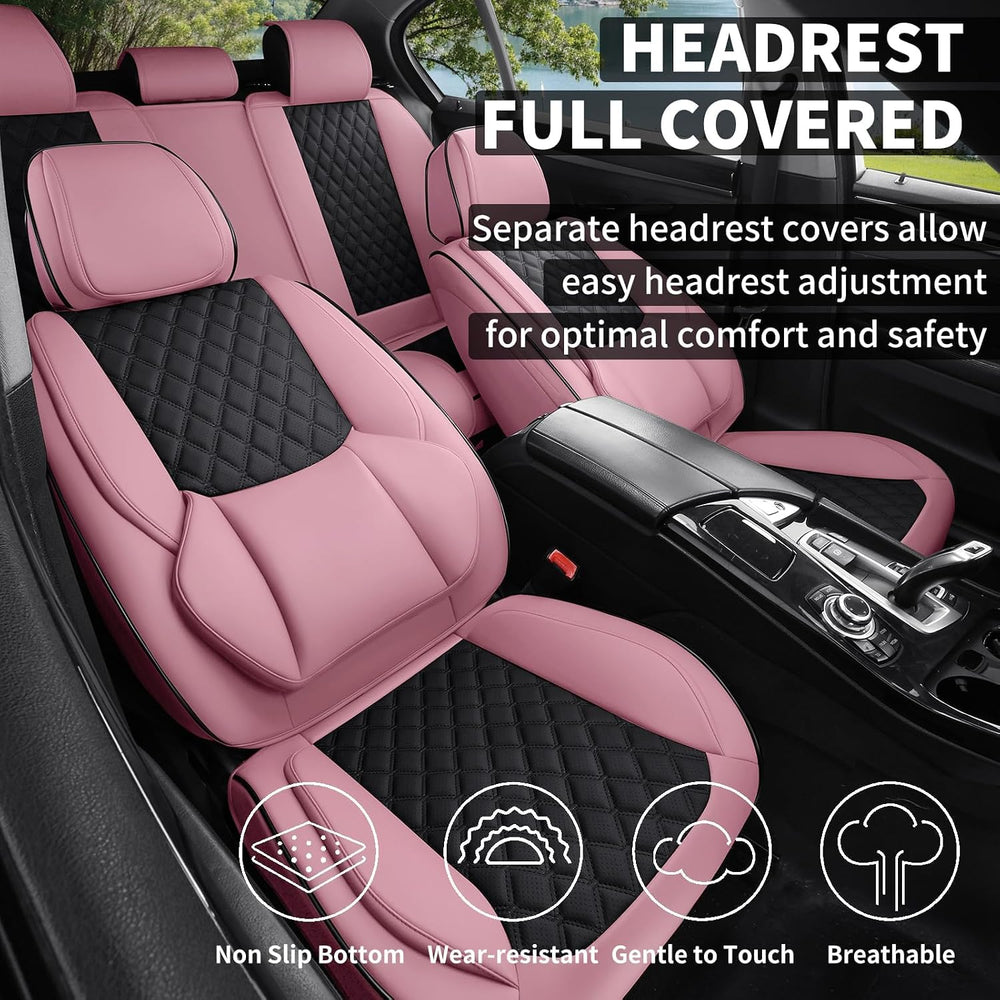 Pink Black Leather Car Seat Covers Full Set Universal Fit for Most 5 Seats