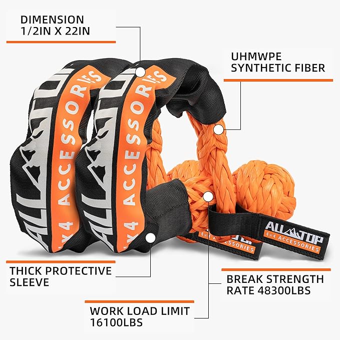 ALL-TOP Kinetic Recovery Rope Kit w/ 2 Soft Shackles, 1in x 20ft, Heavy Duty