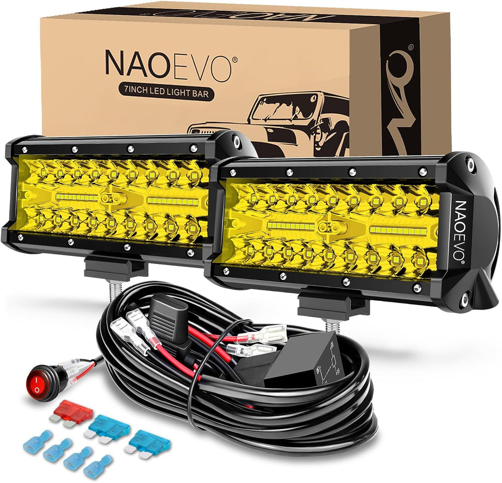 NAOEVO 7 Inch LED Light Bar, Yellow LED Pods/Fog Lights with 2-Lead Harness