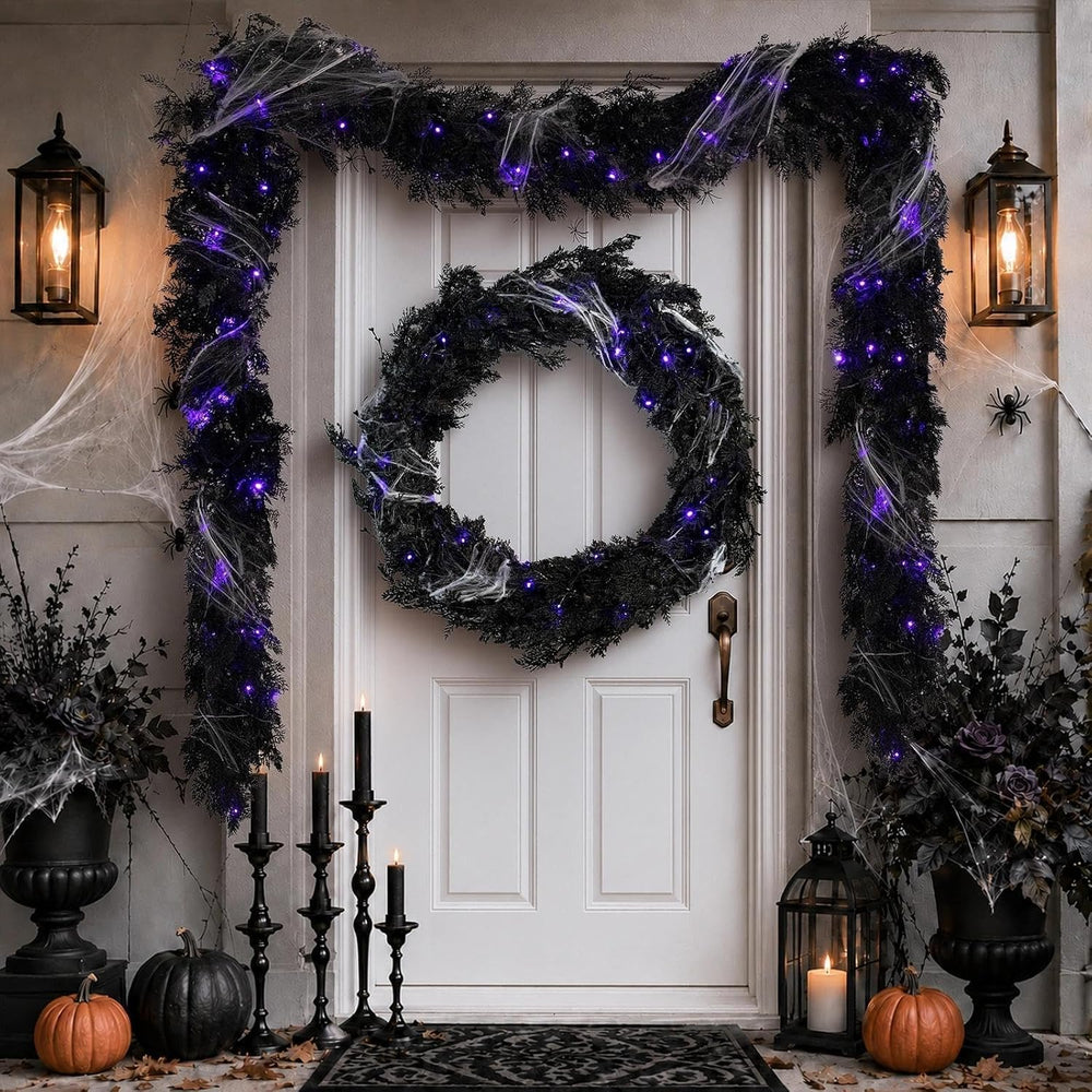 Pre-lit Halloween Garland Decorations Black Real Touch Cedar Cypress with Ber...