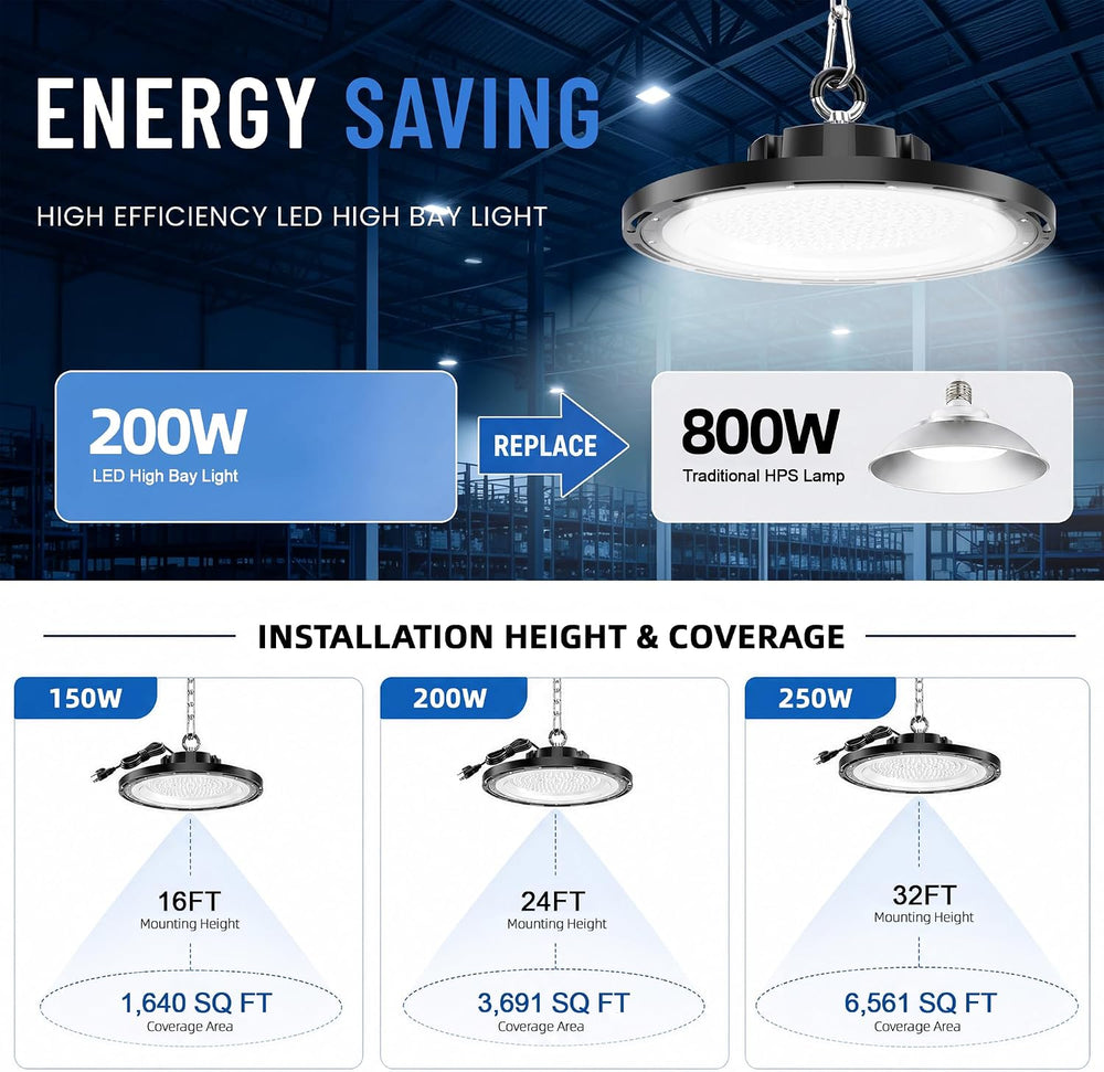 UFO LED High Bay Lights 200W 10 Pack 5000K Daylight with 5ft Plug