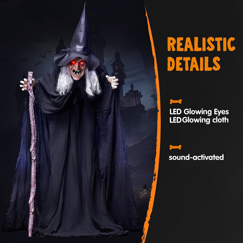 JOYIN Outdoor Halloween Decorations Animatronics Witch with Cane, Life Size A...