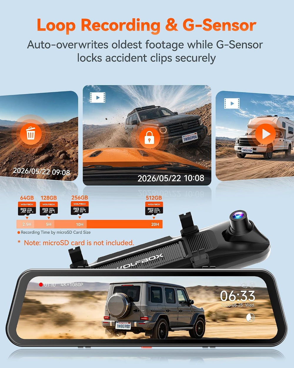 WOLFBOX G900 Core-N 12" 4K Mirror Dash Cam Front and Rear, STARVIS 2 IMX678