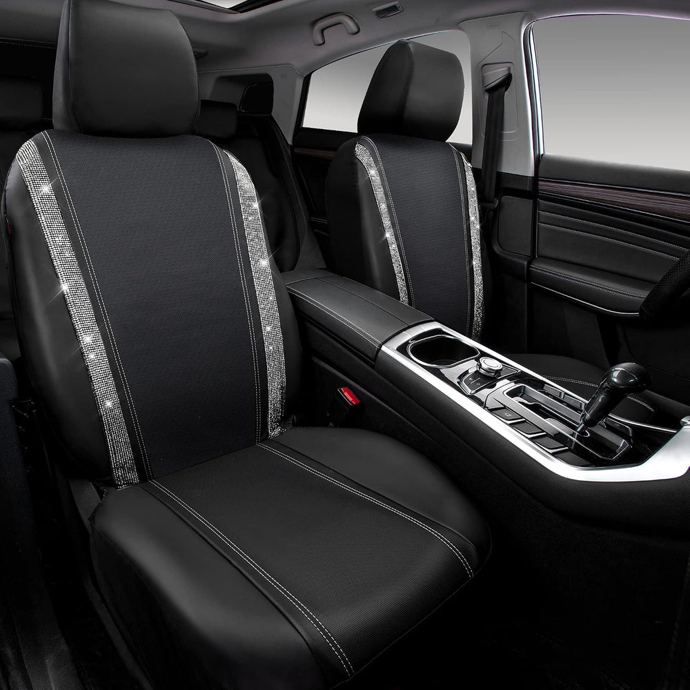 CAR PASS Leather Bling Diamond Car Seat Cover 2 Front Interior Sets, Waterpro...