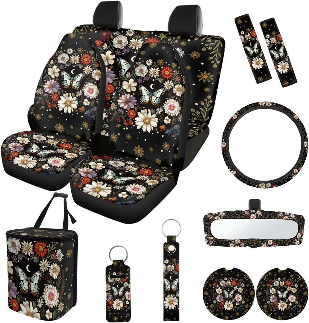 Suobstales Butterfly Daisy Moon Print Car Accessories Auto Seat Covers Full S...