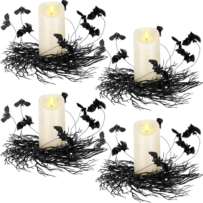 Yunlly 4 Pcs Halloween Candle Rings Wreath Black Black Twig Bat, Bat