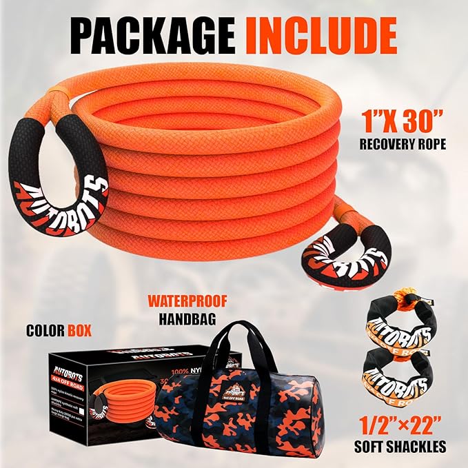 AUTOBOTS Kinetic Recovery Rope 1" x 30'+2 Soft Shackles，Heavy Duty T...