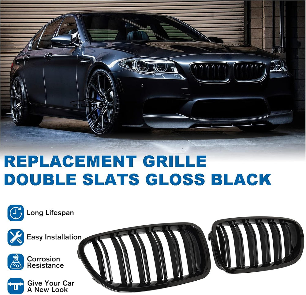 F10 Grille - Front Kidney Grille Double Slats Glossy Black Compatible with 20...