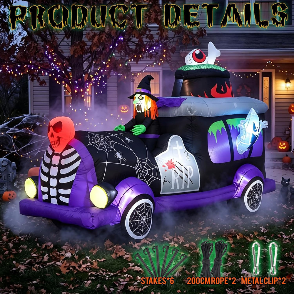 8FT Halloween Inflatables Witch Hearse with Ghost Skeletons Outdoor Decor