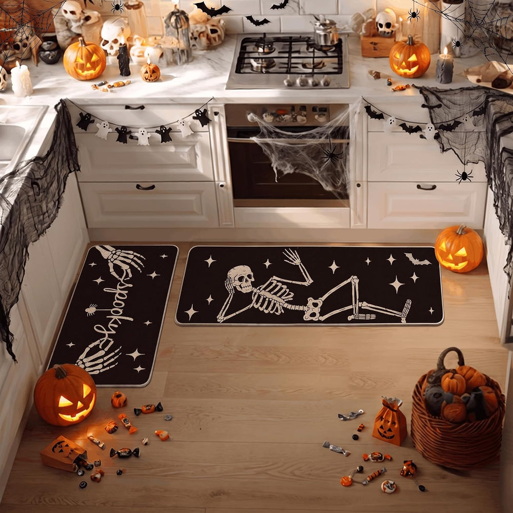 Artoid Mode Spooky Skeleton Spider Bone Black Halloween Kitchen Mats Set of 2...