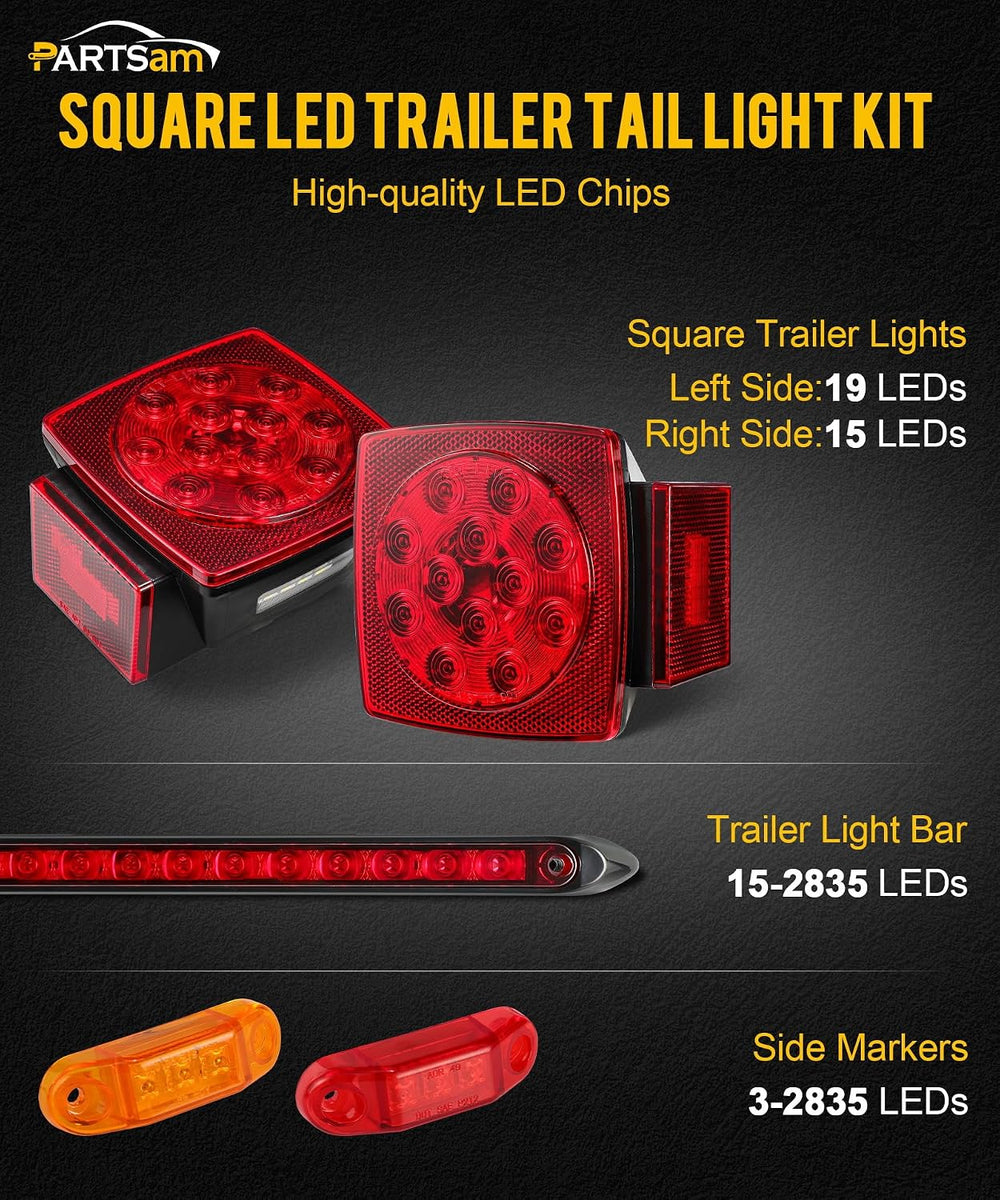 Partsam Submersible LED Trailer Tail Light Kit, Square Trailer Lights+Light B...