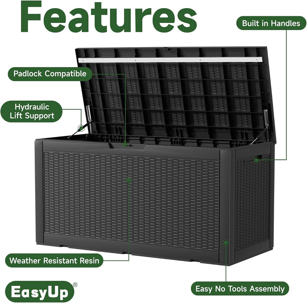 EasyUp 120 Gal Deck Box Waterproof Outdoor Storage Box Black