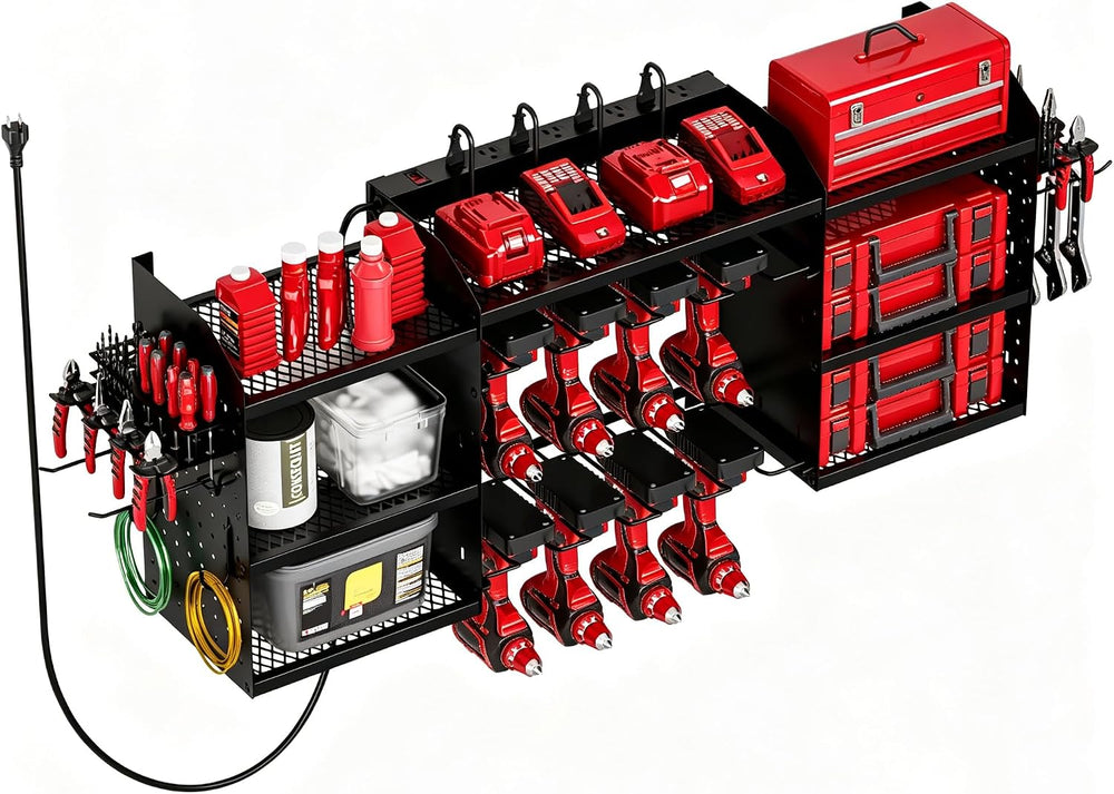 Power Tool Organizer Wall Mount with Charging Station, Heavy-Duty Metal Garag...