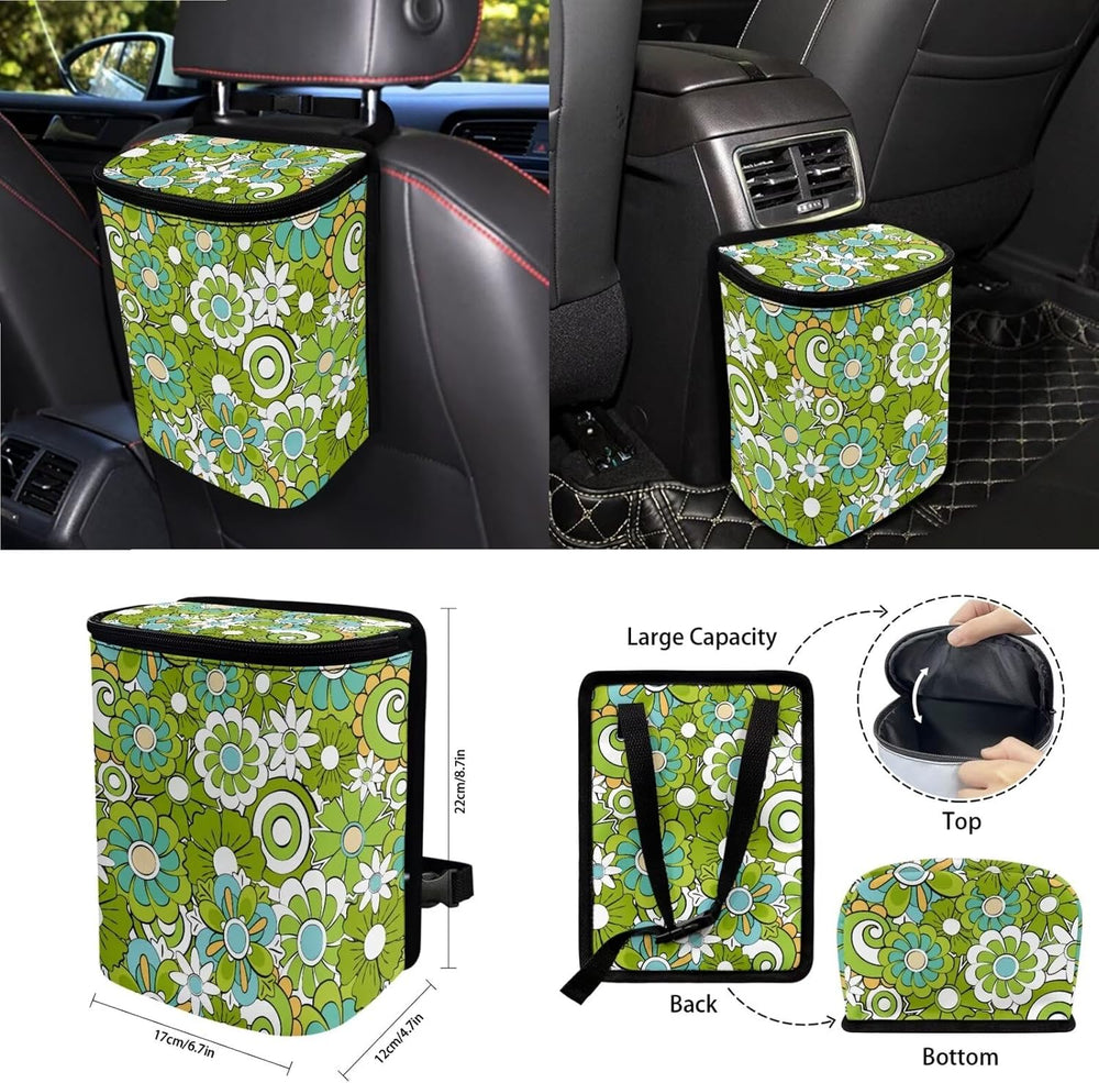 Hippie Flowers Green Print 15Pcs Car Seat Cover Full Set Car Steering Wheel C...