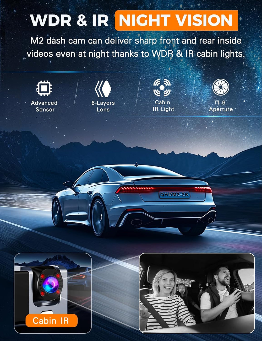 2.5K 3 Channel Dash Cam Front and Rear Inside with WiFi, 2' IPS Screen