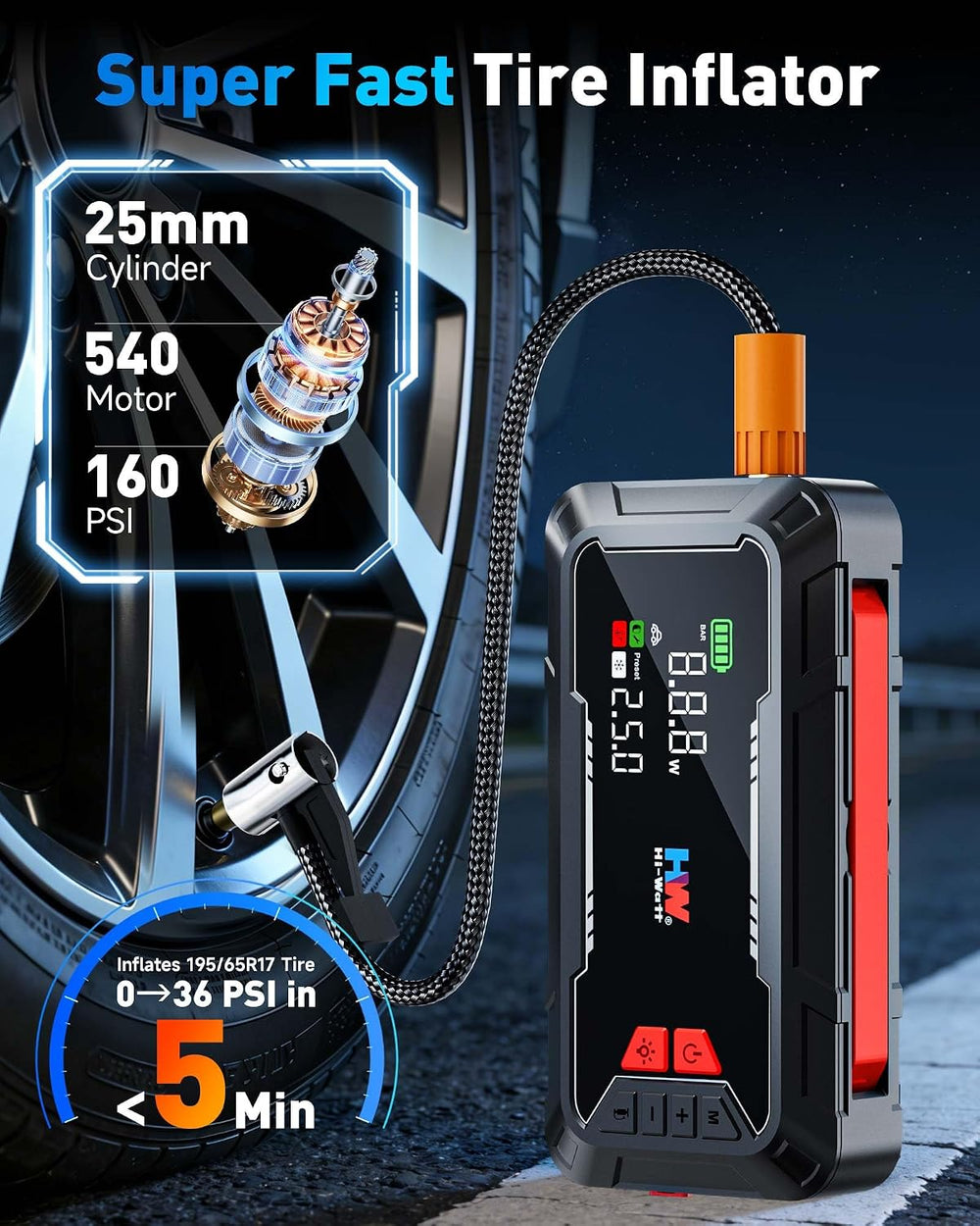 HW 2000A Jump Starter with Air Compressor, 160 PSI Tire Inflator 12V 65W PD