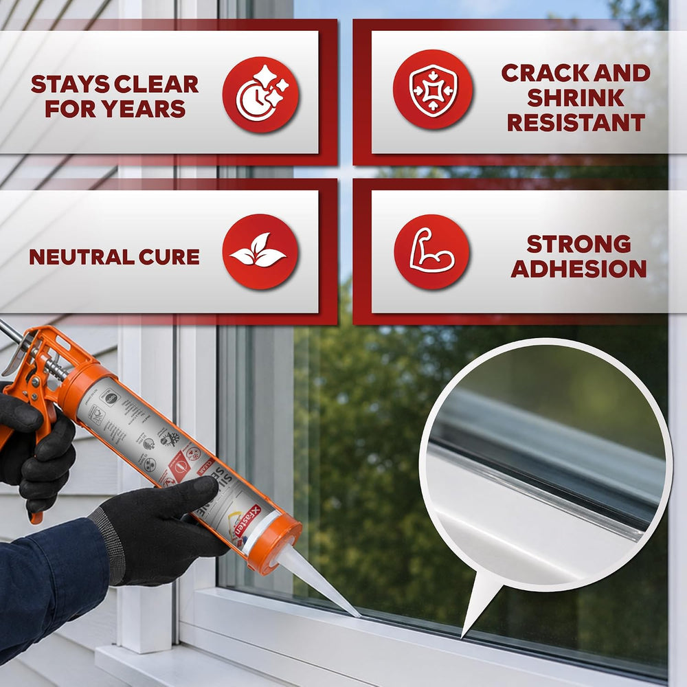 XFasten Clear Silicone Caulk Neutral Cure 10.1 oz (4-Pack) 100% Waterproof Si...