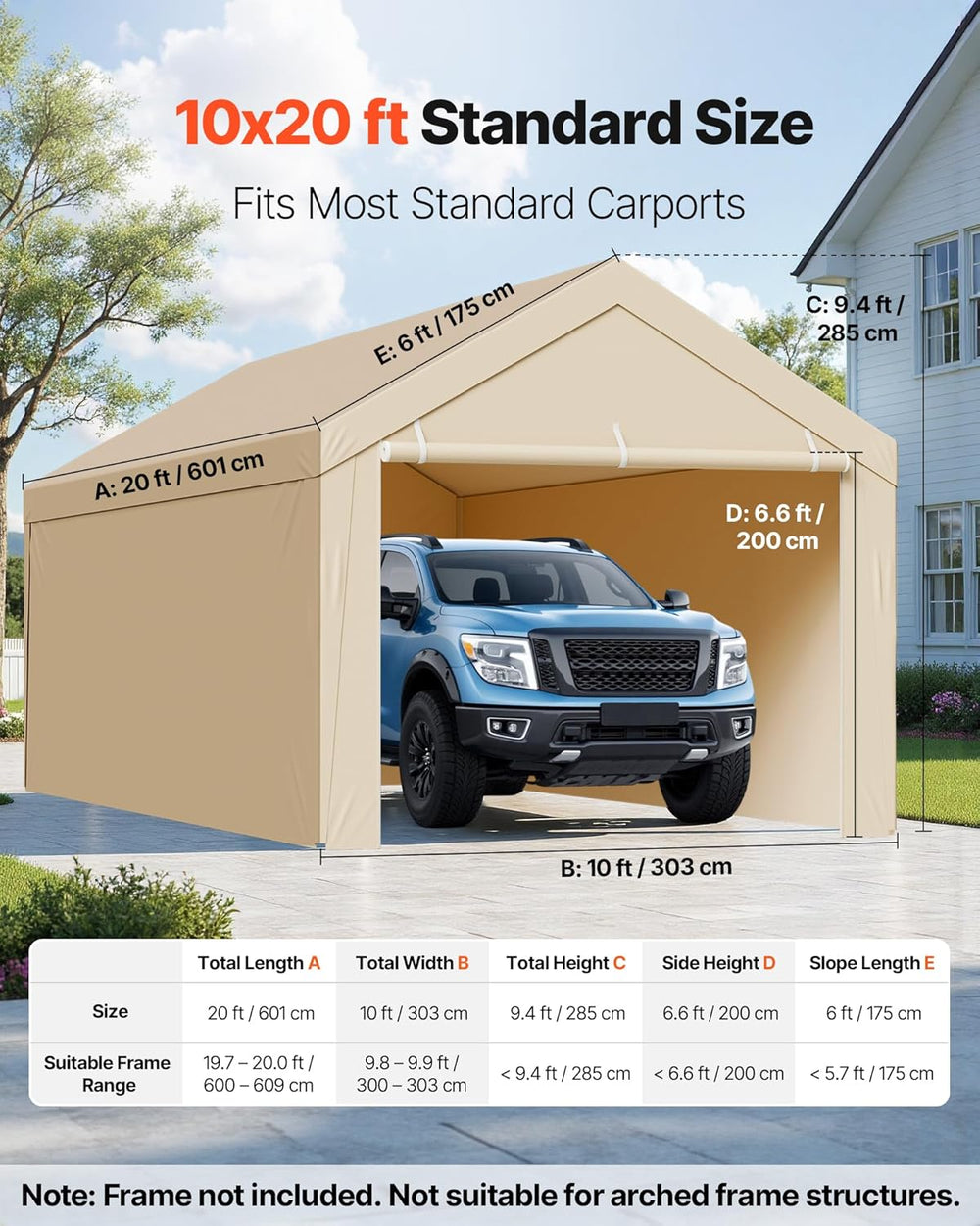 VEVOR Carport Replacement Canopy Cover, 10 x 20 ft Potable Garage Tent Top Ta...
