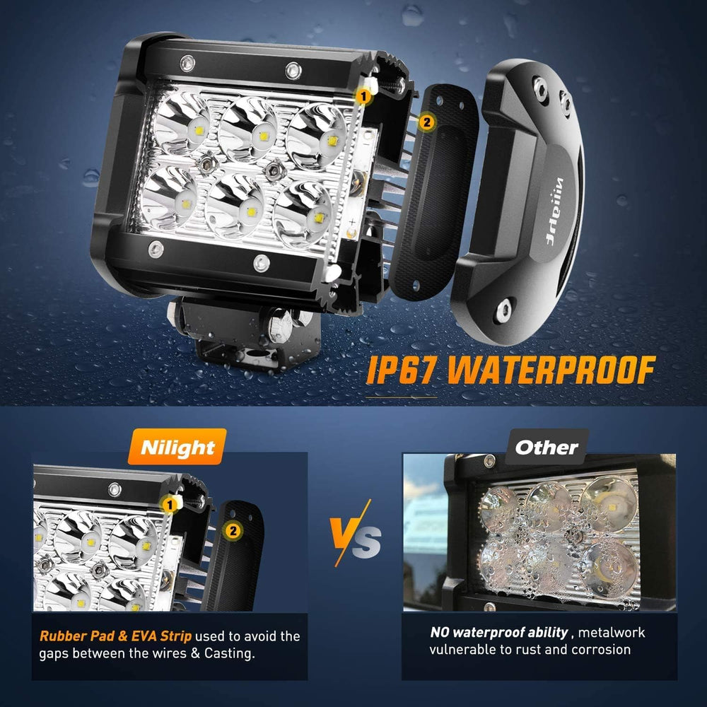 Nilight 52Inch Led Light Bar Spot Flood 2Pcs 18W 4Inch Spot LED Pods Windshie...