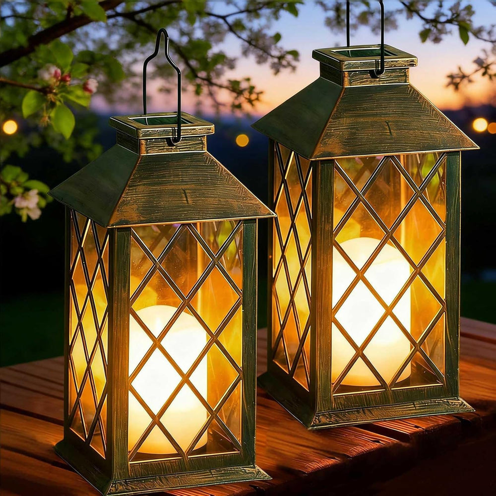 2 Pack 11" Medium Tempered Glass Solar Lanterns Outdoor Waterproof