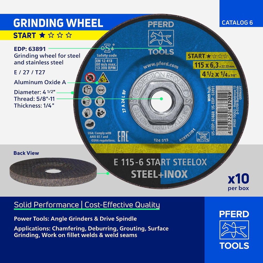 PFERD START STEELOX Type 27 Grinding Wheel, 4-1/2" x 1/4" x 5/8&quo...