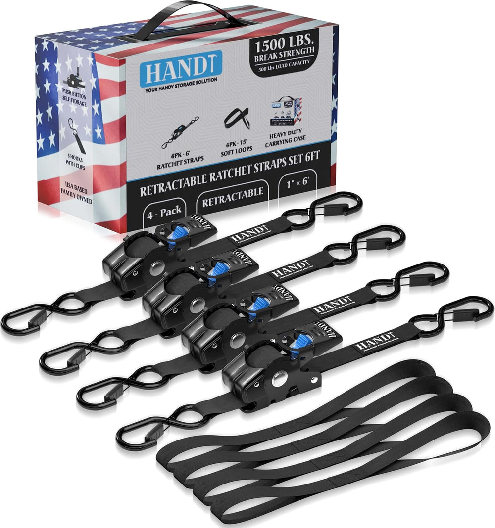 HandT USA Based Retractable Ratchet Straps 1in x 6ft (4PK)