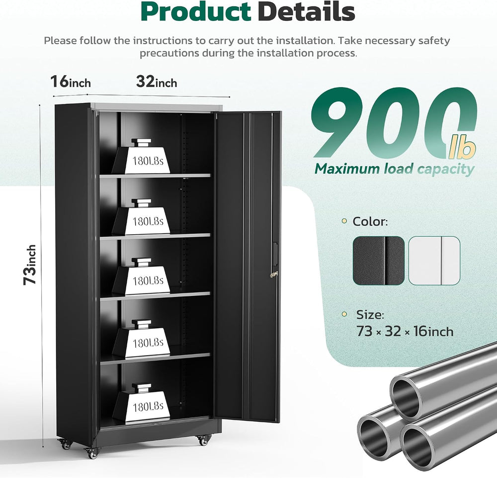 Greenvelly 73" Rolling Storage Cabinet,Black Metal Garage Cabinet with L...